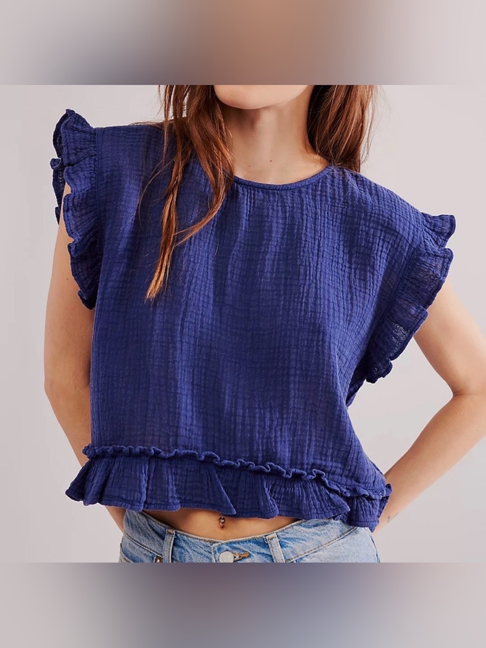 New Free People Fall in Love Ruffle Short Sleeve Top ~ Navy
